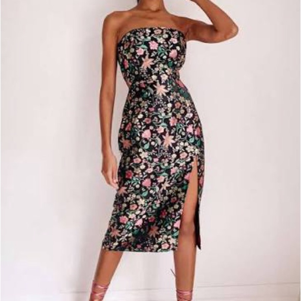 Lulu's Black Strapless Floral Midi Dress with Pink & Green Accents